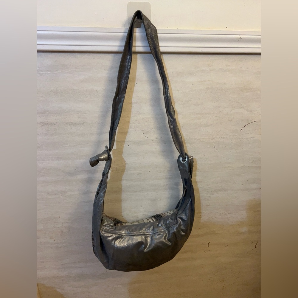 Treesje Metallic Leather Silver Croc-Texture Shoulder Bag with Sequin Trim - Picture 3 of 15
